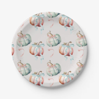 Pastel Pumpkin and Bows Gender Reveal Paper Plate