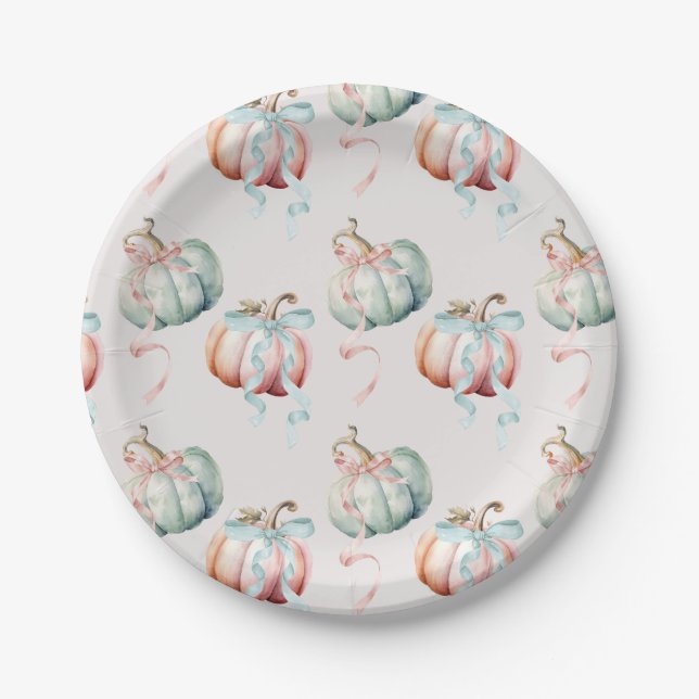 Pastel Pumpkin and Bows Gender Reveal Paper Plate (Front)