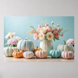 Pastel Pumpkin Floral Fall Decor Modern Art Print