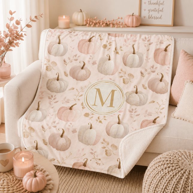 Pastel Pumpkin Monogram – Personalised Initial Sherpa Blanket (Creator Uploaded)