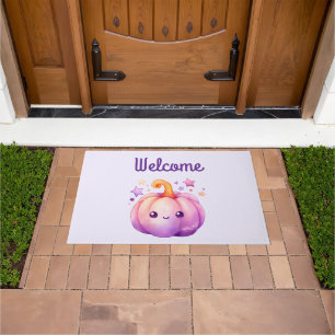 Pastel Pumpkin with Stars Cute Dreamy Vibe Welcome Doormat