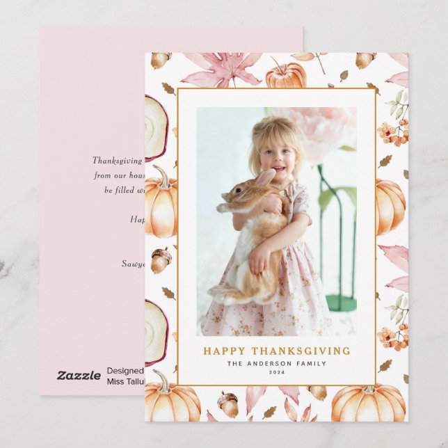 Pastel Pumpkins and Apples Thanksgiving Photo Holiday Card (Front/Back)