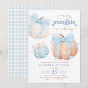 Pastel Pumpkins Blue Bow Boy Baby Shower Invitation