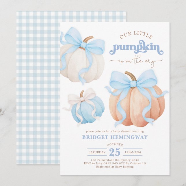 Pastel Pumpkins Blue Bow Boy Baby Shower Invitation (Front/Back)