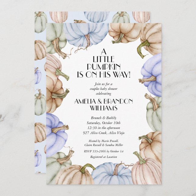 Pastel Pumpkins Boy Baby Shower Invitations (Front/Back)