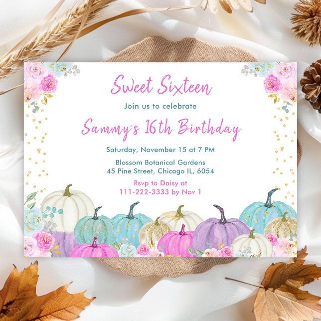 Pastel Pumpkins Confetti Sweet Sixteen Invitation (Creator Uploaded)
