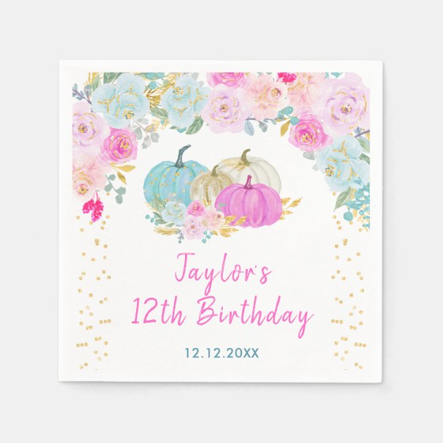 Pastel Pumpkins Floral Birthday Party Napkin (Front)