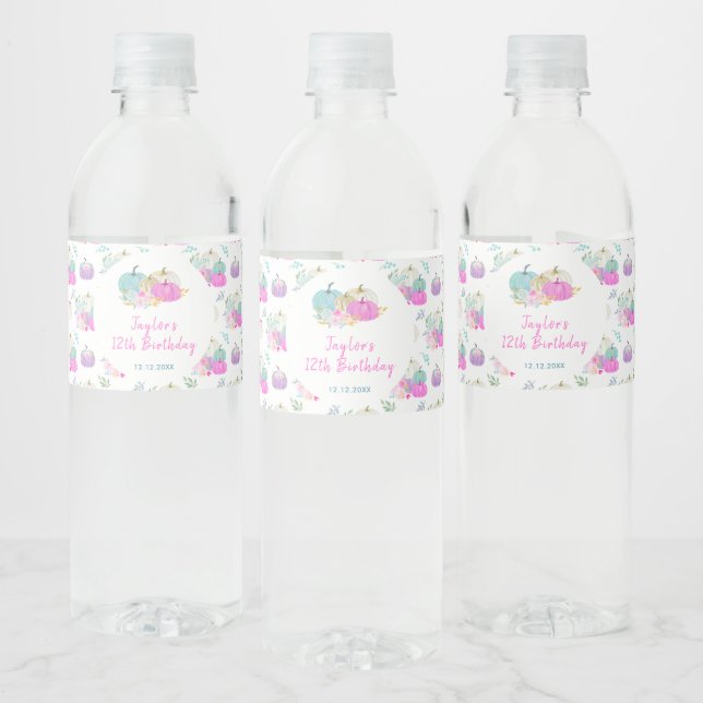 Pastel Pumpkins Floral Birthday Party Water Bottle Label (Bottles)