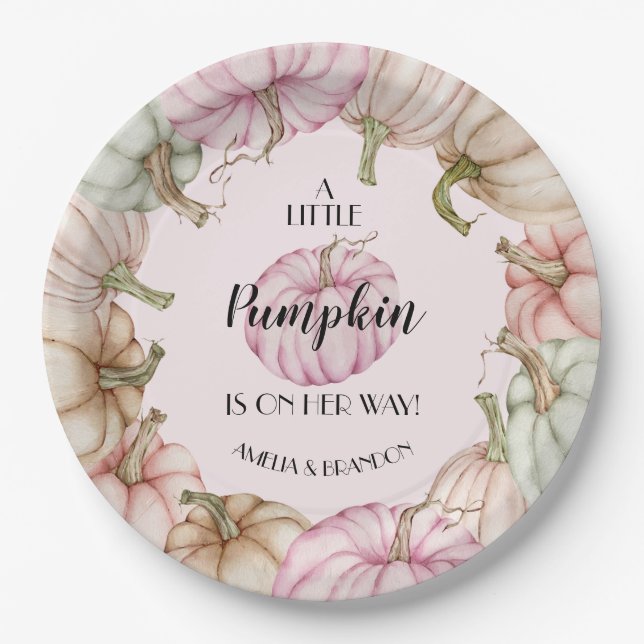 Pastel Pumpkins Girl Baby Shower Pink Paper Plate (Front)