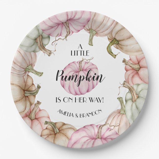 Pastel Pumpkins Girl Baby Shower Pink Paper Plate (Front)