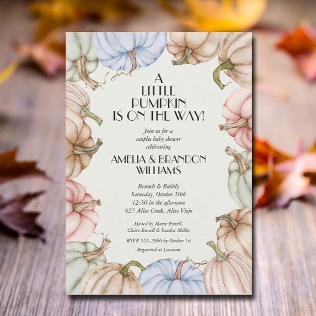 Pastel Pumpkins Green Baby Shower  Invitation (Green pumpkins baby shower invitations, INSTANT DOWNLOAD and/or PRINTED)