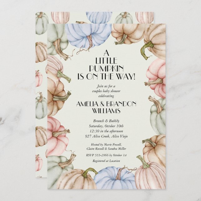 Pastel Pumpkins Green Baby Shower Invitations (Front/Back)