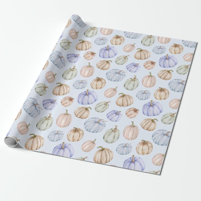 Pastel Pumpkins on Blue Wrapping Paper (Unrolled)