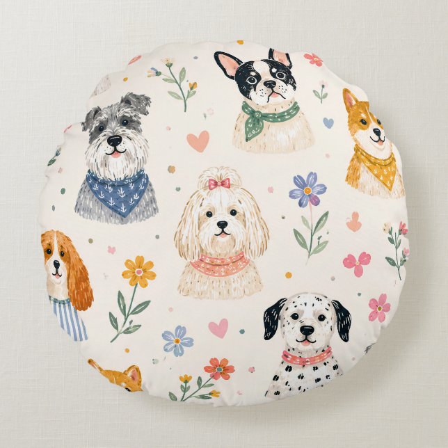 Pastel Puppy Seamless Pattern | Hand-Painted Dog  Round Cushion (Front)