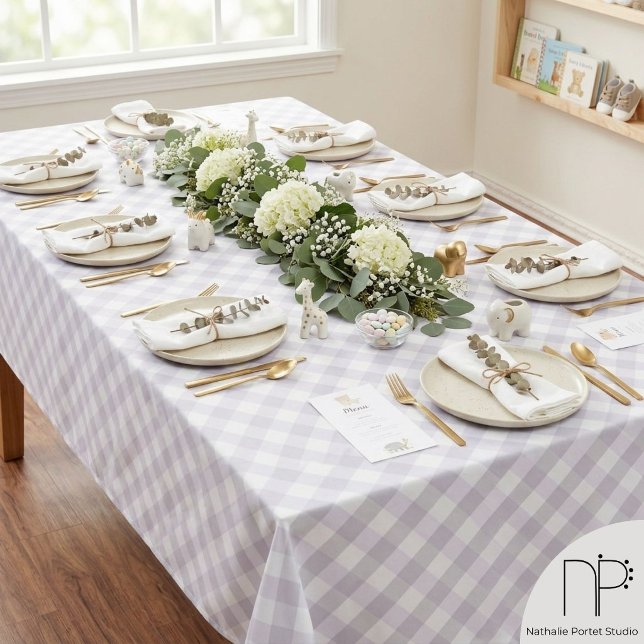 Pastel Purple and Grey Gingham Tablecloth (Pastel purple and gray checkered pattern tablecloth for baby showers and neutral party decor)