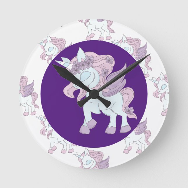 Pastel Purple and White Unicorn Acrylic Wall Clock (Front)