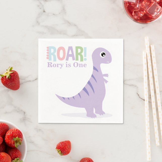 Pastel Purple Baby Dinosaurs Roar Birthday Party Napkin (Insitu)