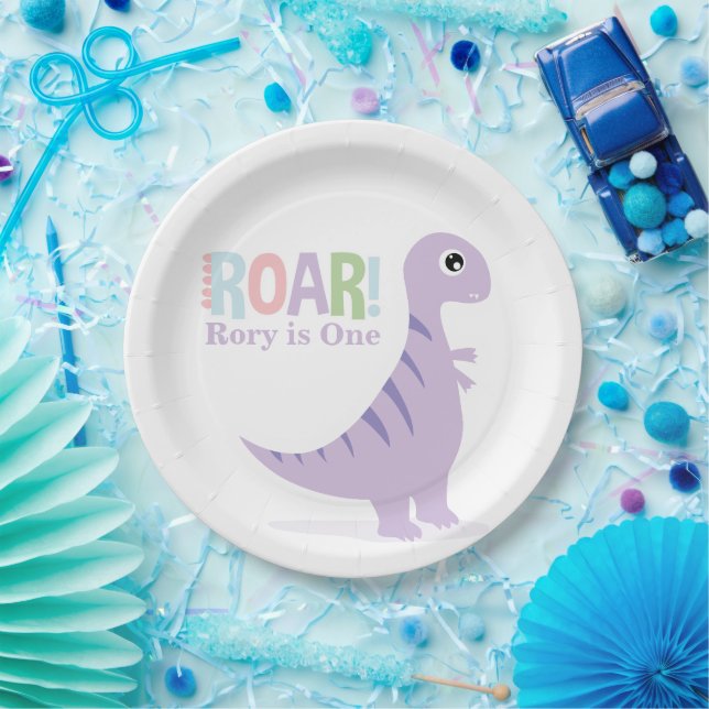 Pastel Purple Baby Dinosaurs Roar Birthday Party Paper Plate (Party)
