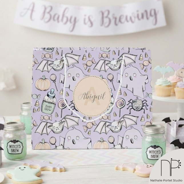 Pastel Purple Baby Halloween Large Gift Bag (Monogrammed halloween kids large gift bag in pastel purple for october birthday or halloween party)