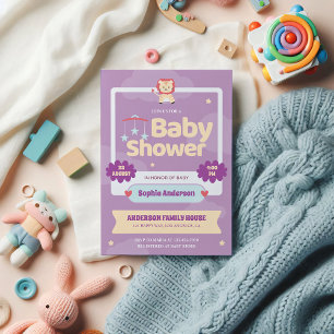 Pastel Purple Baby Shower Invitation – Cute Lion 