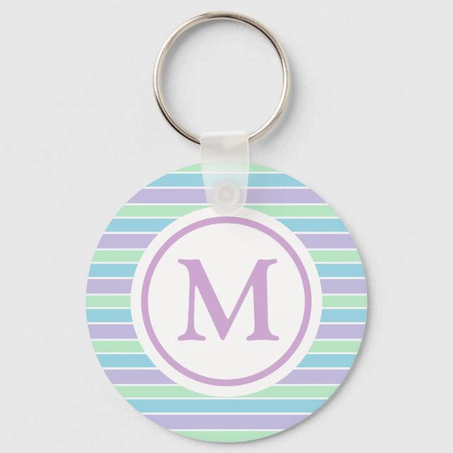 Pastel Purple Blue Green Stripes Monogram Key Ring (Front)