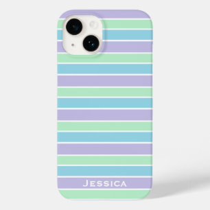 Pastel Purple Blue Green Stripes Personalised Case-Mate iPhone 14 Case
