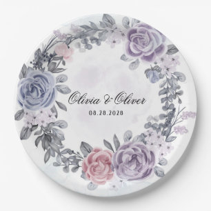 Pastel Purple Blue Pink Floral Wreath Wedding Paper Plate