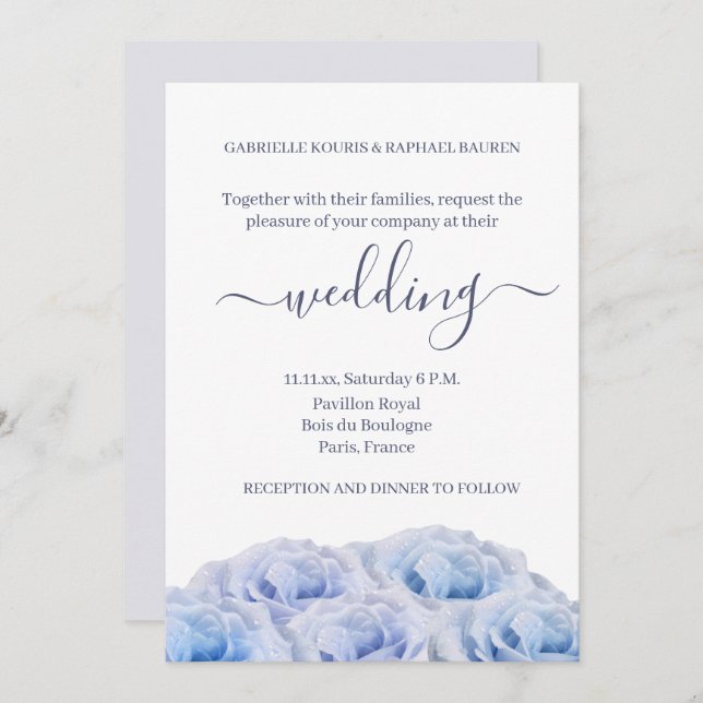 Pastel Purple Blue Roses Elegant Floral Wedding Invitation (Front/Back)