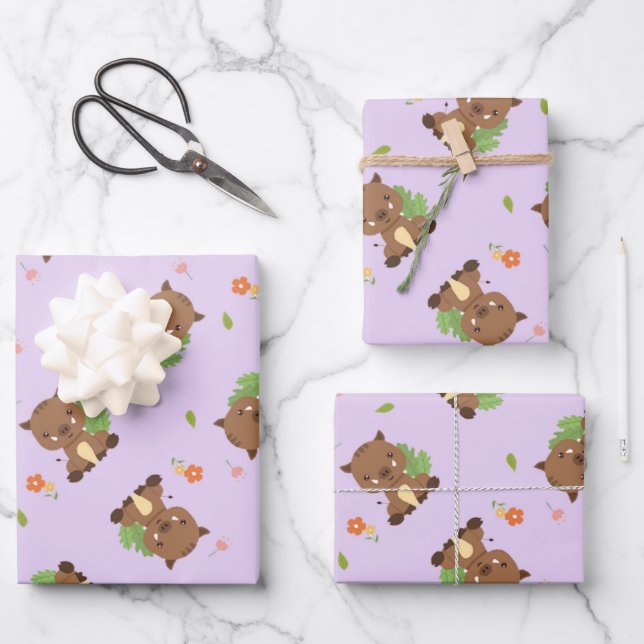 Pastel purple cute brown hedgehog pattern wrapping paper sheet (Front)