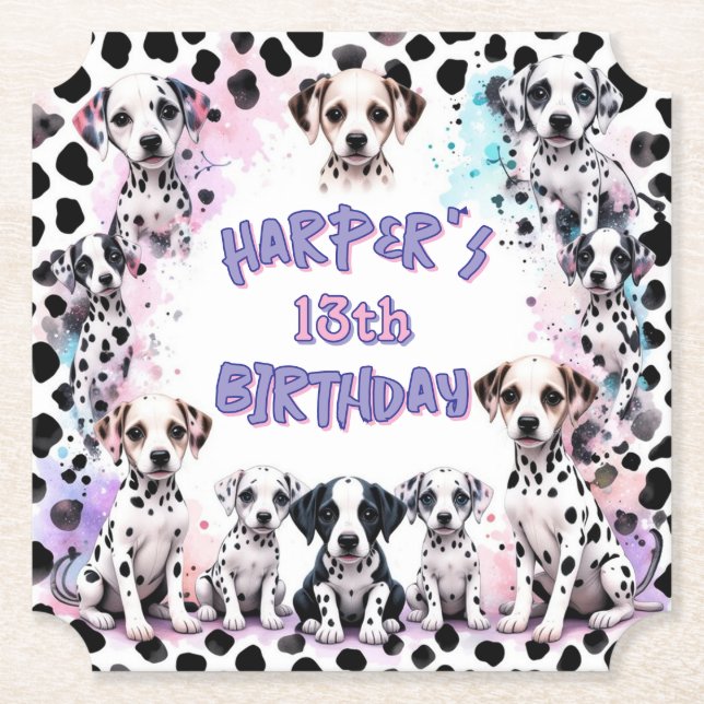 Pastel Purple Dalmatian Puppy Watercolor Birthday Paper Coaster (Front)