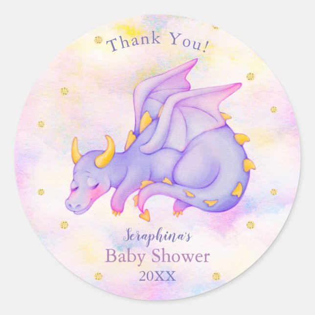 Pastel Purple Dragon Girls Baby Shower Thank You Classic Round Sticker (Front)