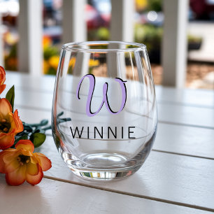 Pastel Purple Elegant Initial Black Name   Modern  Stemless Wine Glass