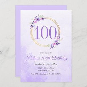 Pastel Purple Floral Golden Wreath 100th Birthday Invitation