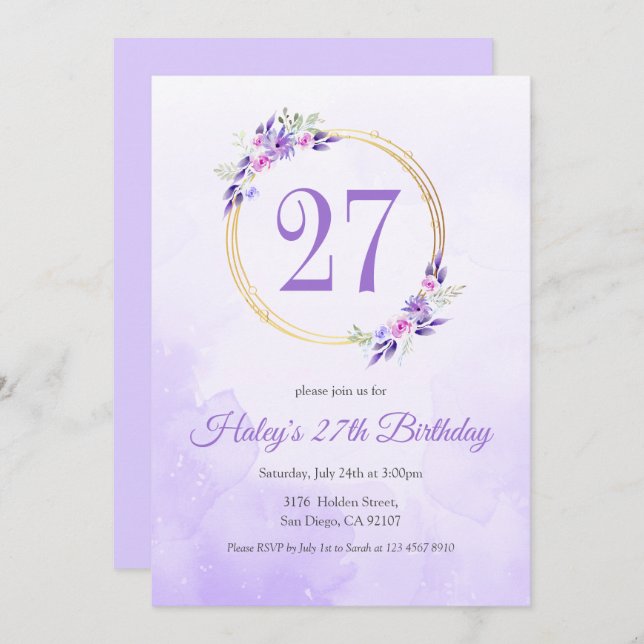 Pastel Purple Floral Golden Wreath 27th Birthday Invitation (Front/Back)