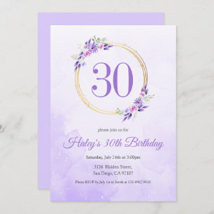 Pastel Purple Floral Golden Wreath 30th Birthday Invitation