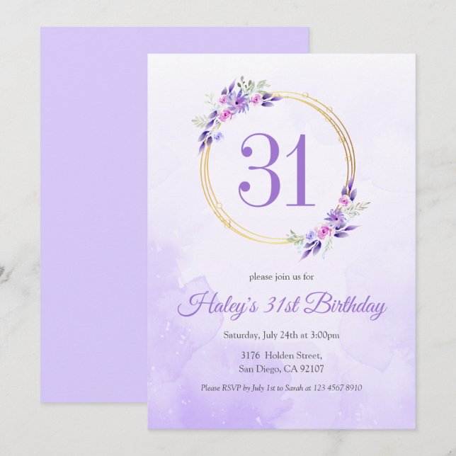 Pastel Purple Floral Golden Wreath 31st Birthday Invitation (Front/Back)