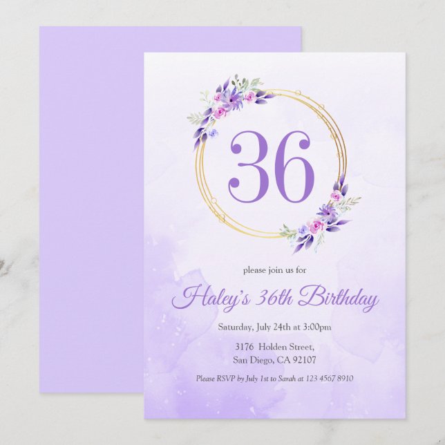 Pastel Purple Floral Golden Wreath 36th Birthday Invitation (Front/Back)