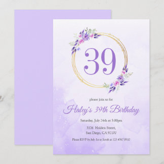 Pastel Purple Floral Golden Wreath 39th Birthday Invitation
