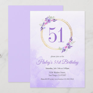 Pastel Purple Floral Golden Wreath 51st Birthday Invitation