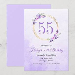 Pastel Purple Floral Golden Wreath 55th Birthday Invitation