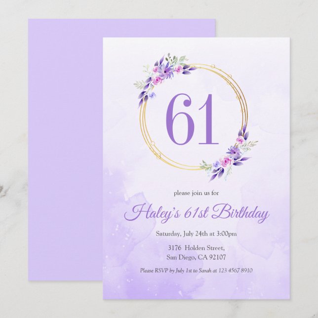 Pastel Purple Floral Golden Wreath 61st Birthday Invitation (Front/Back)