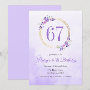 Pastel Purple Floral Golden Wreath 67th Birthday Invitation