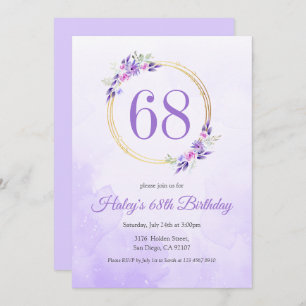 Pastel Purple Floral Golden Wreath 68th Birthday Invitation