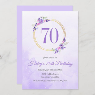 Pastel Purple Floral Golden Wreath 70th Birthday Invitation