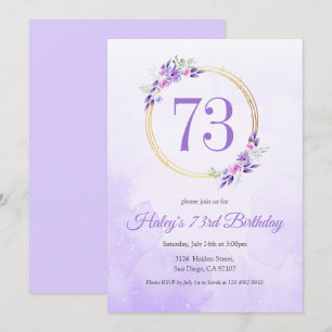 Pastel Purple Floral Golden Wreath 73rd Birthday Invitation