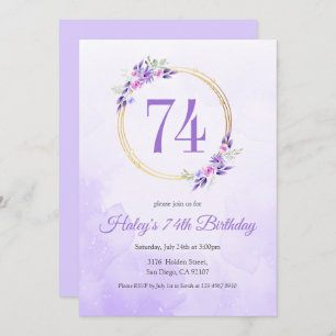 Pastel Purple Floral Golden Wreath 74th Birthday Invitation