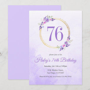 Pastel Purple Floral Golden Wreath 76th Birthday Invitation