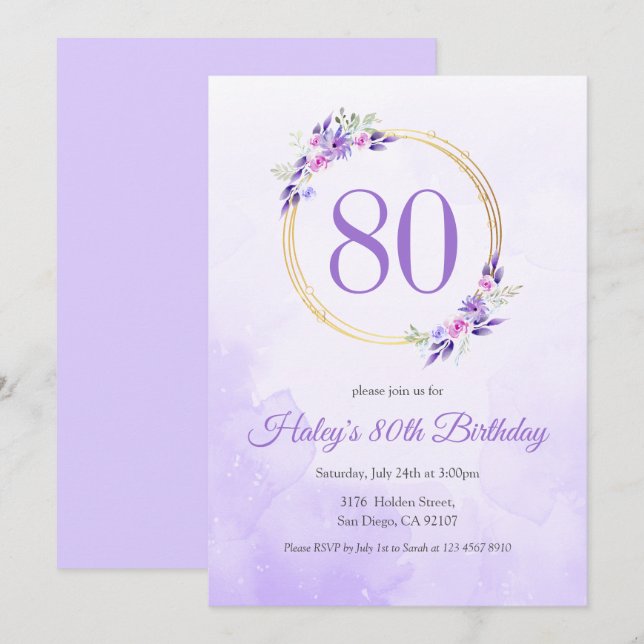 Pastel Purple Floral Golden Wreath 80th Birthday Invitation (Front/Back)