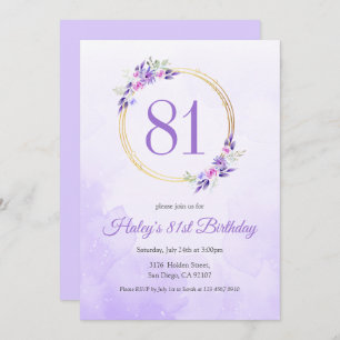 Pastel Purple Floral Golden Wreath 81st Birthday Invitation