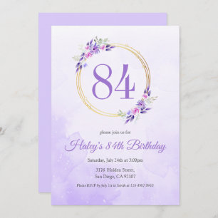 Pastel Purple Floral Golden Wreath 84th Birthday Invitation